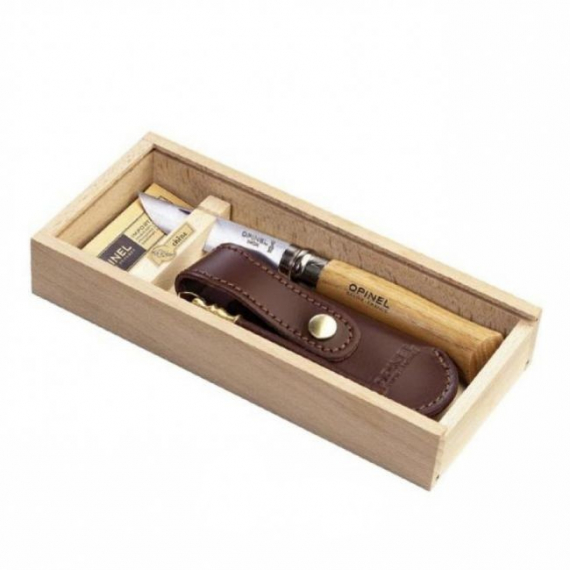 Нож Opinel №8, нержавеющая сталь, рукоять оливковое дерево, деревянный футляр, чехол
